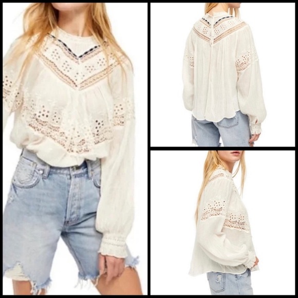Free People Abigail Victorian Cream Lace Bohemian Blouse Large - Picture 1 of 16